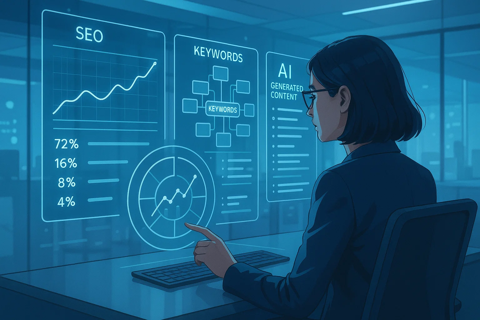 Professional using AI to generate keyword clusters and search intent analysis.
