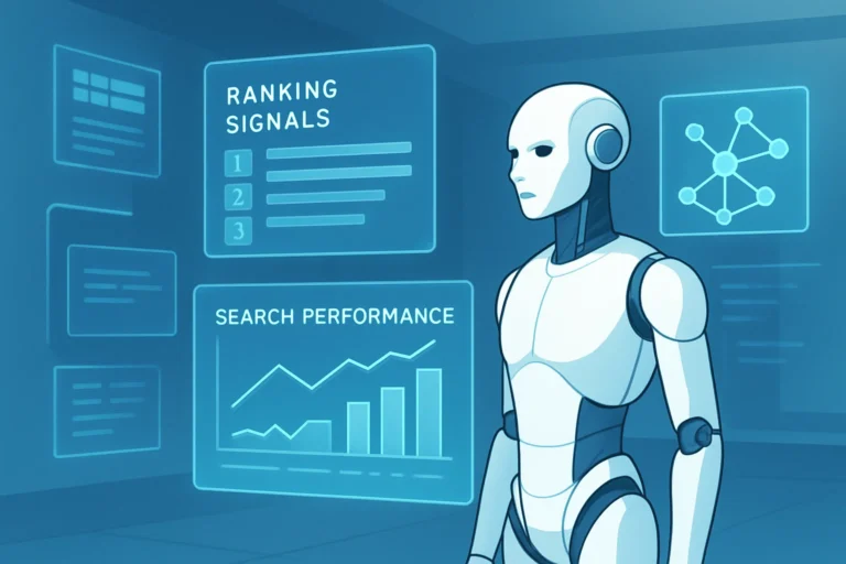 AI robot analyzing search performance graphs and ranking signals for SEO optimization.