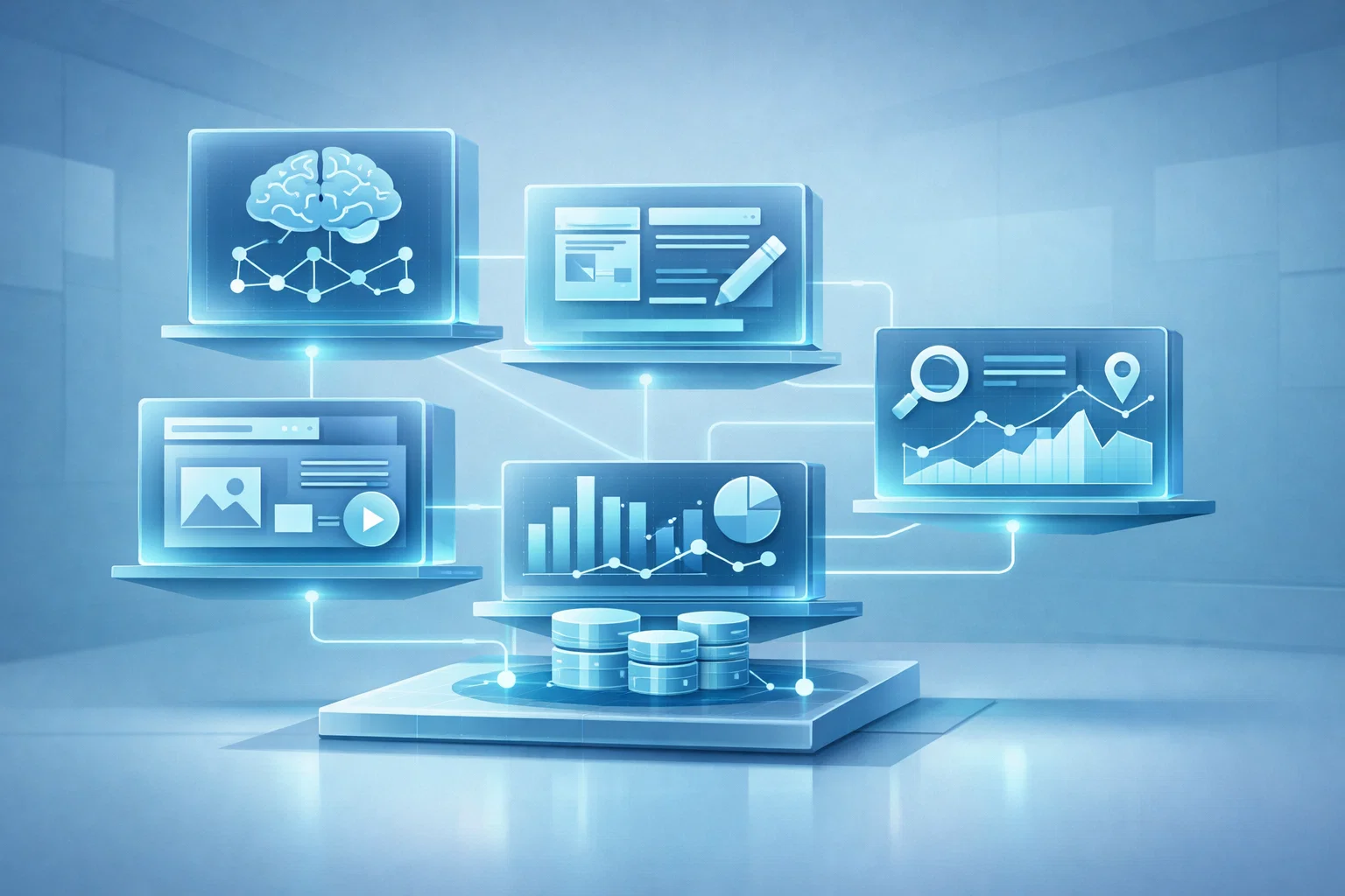 Illustration of building a modern AI SEO stack using interconnected tools and platforms. Illustration of building a modern AI SEO stack using interconnected tools and platforms.