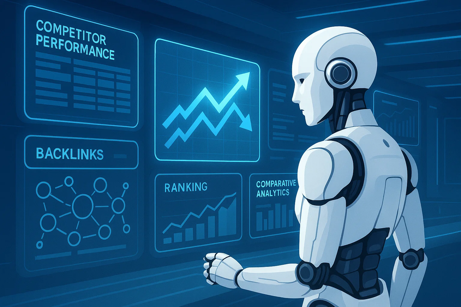 Android analyzing holographic SEO competitor dashboards. Android analyzing holographic SEO competitor dashboards.