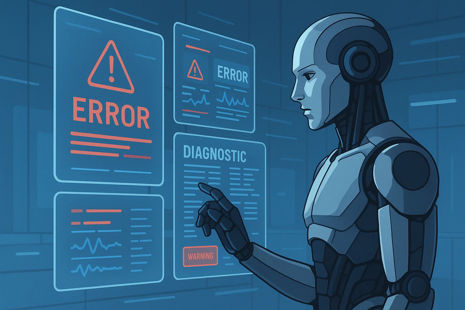 AI seo diagnostic error troubleshooting with a robot identifying technical warnings on a screen. AI seo diagnostic error troubleshooting with a robot identifying technical warnings on a screen.
