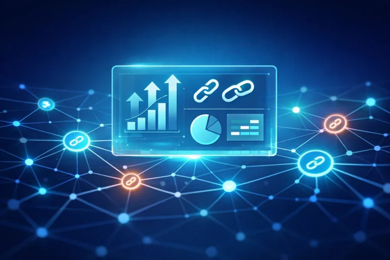 Free backlink strategies shown as a futuristic web network with growing connections.