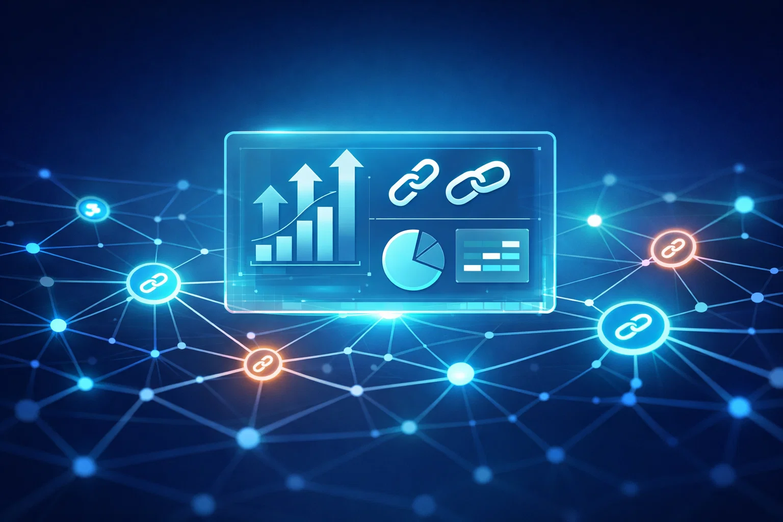 Free backlink strategies shown as a futuristic web network with growing connections.