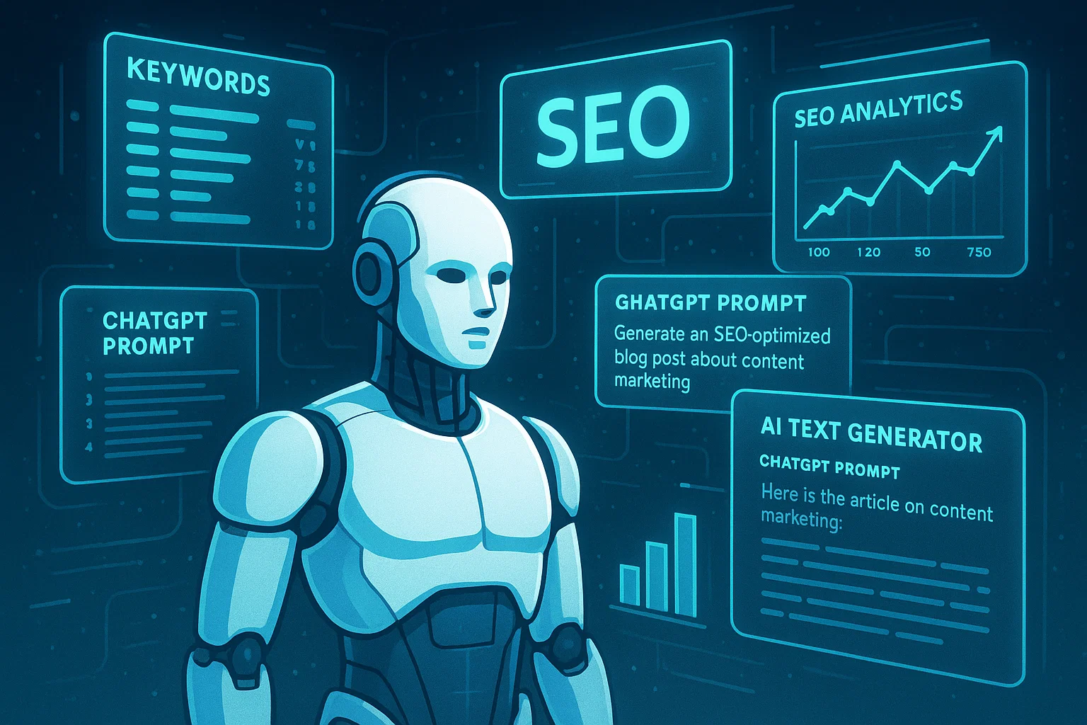 Android surrounded by holographic SEO prompts and data screens.