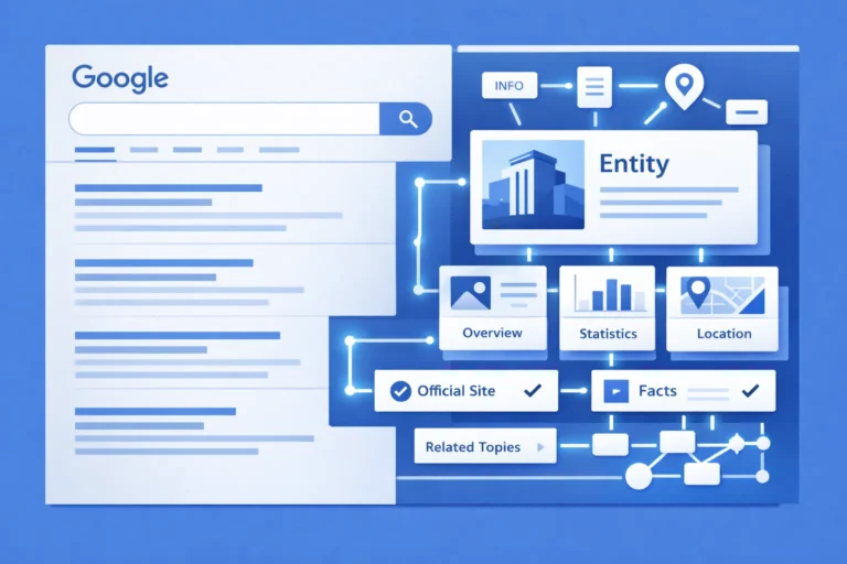 Diagram illustrating how a Google Knowledge Panel displays entity information in search results.