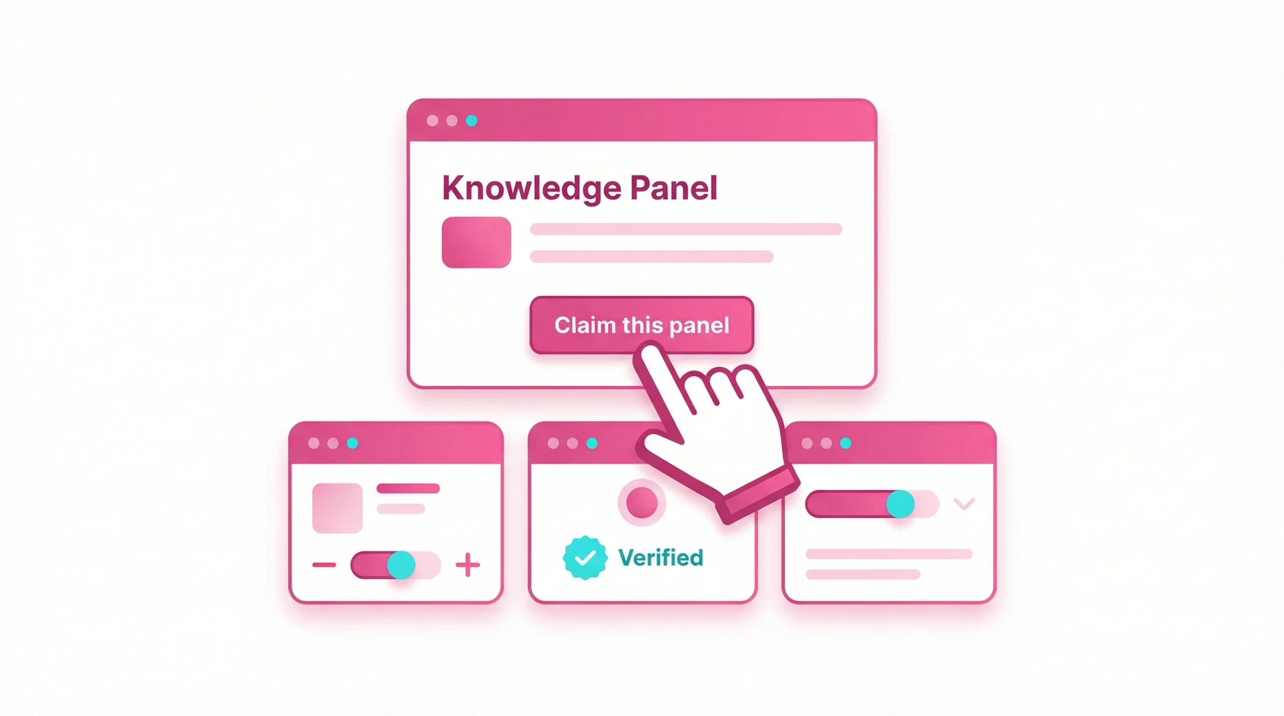 A hand icon clicking the 'Claim this panel' button on a Knowledge Panel snippet on a white background.