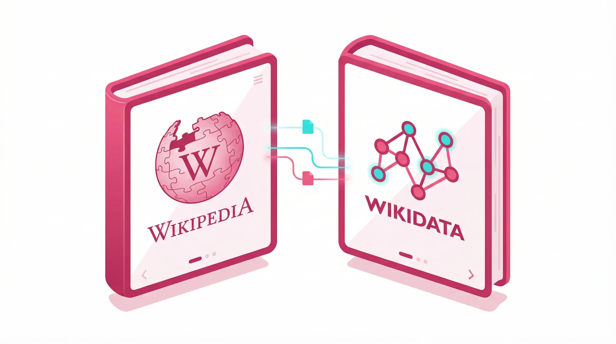 Two open digital books displaying Wikipedia and Wikidata logos, indicating authoritative entries on a white background.