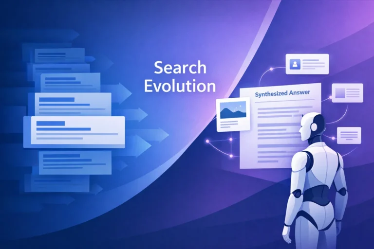 2D illustration comparing AI-driven search and traditional search optimization.