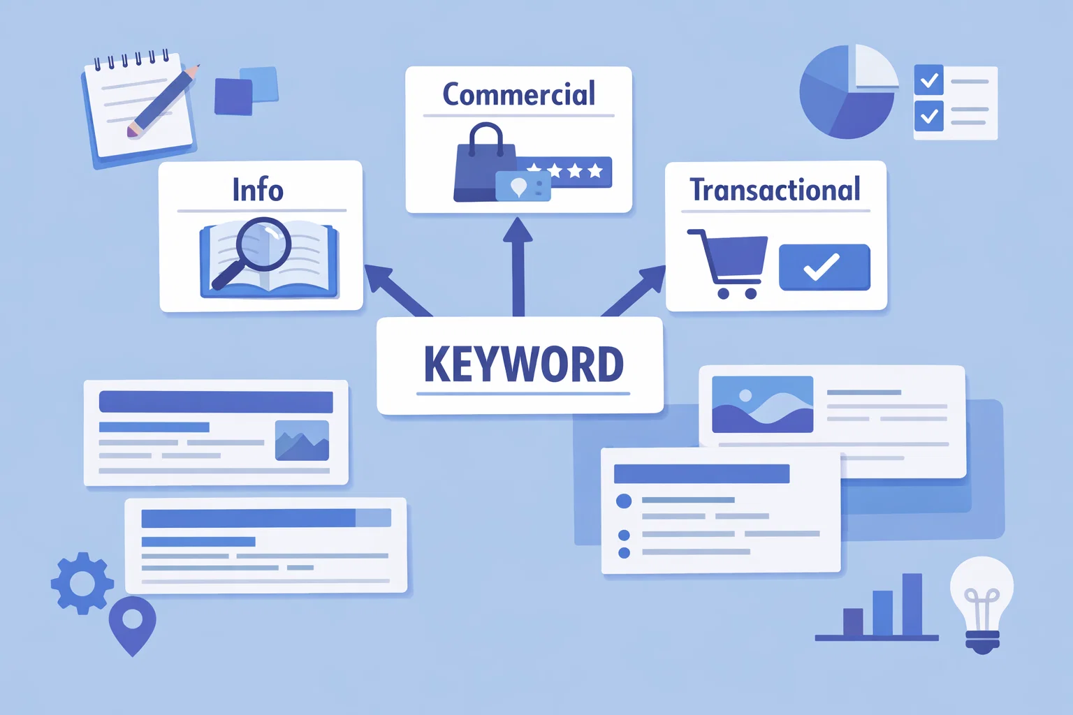 2D illustration showing keyword research and search intent planning. 2D illustration showing keyword research and search intent planning.
