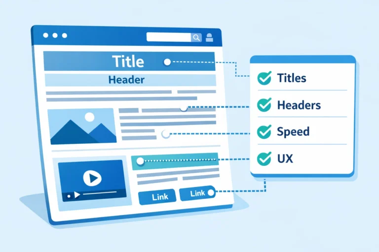 2D illustration of an on-page SEO checklist covering content, structure, and performance.