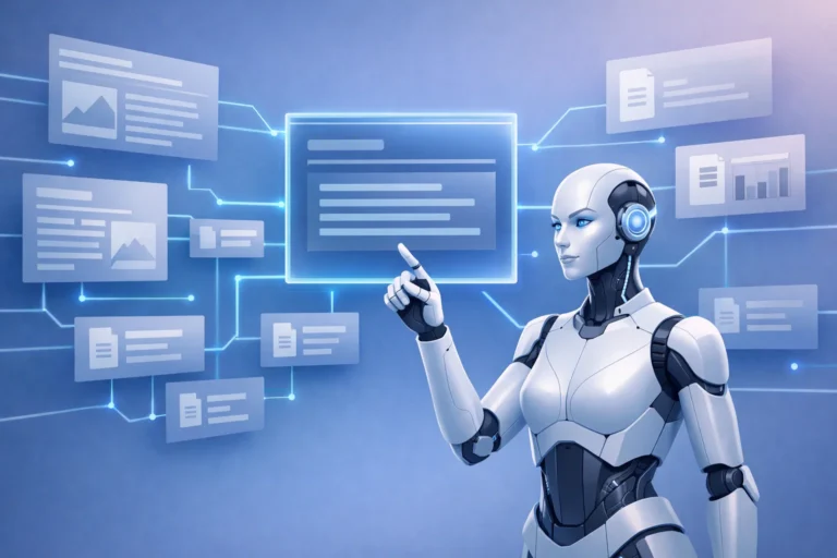 2D illustration of Perplexity AI analyzing and synthesizing website information.