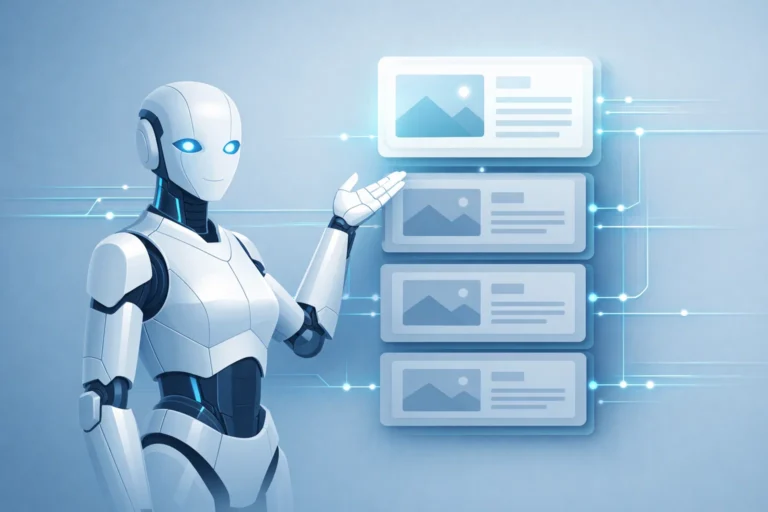 2D illustration of an AI assistant analyzing website rankings for ChatGPT search.