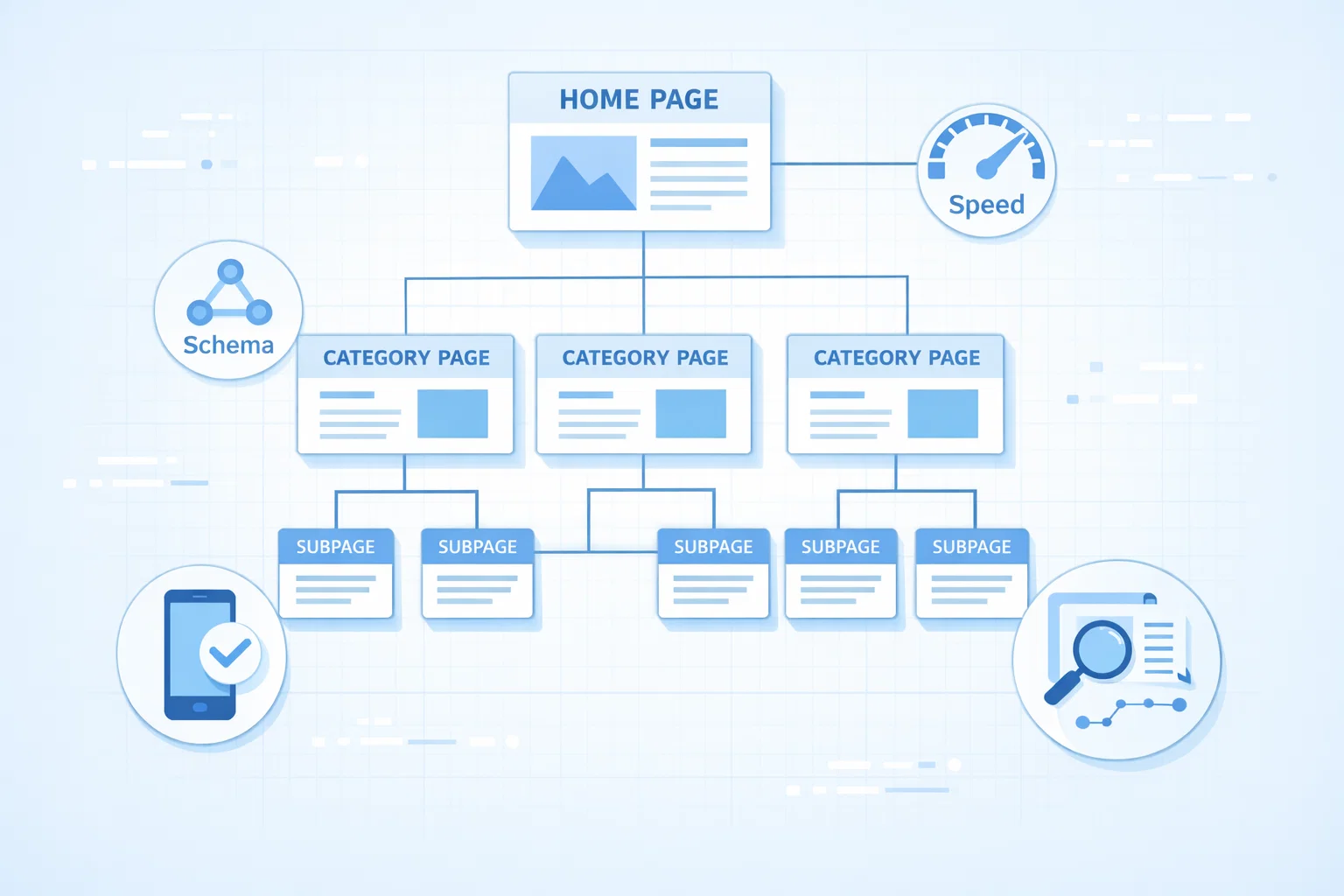2D illustration of technical SEO foundations supporting Gemini AI readability.
