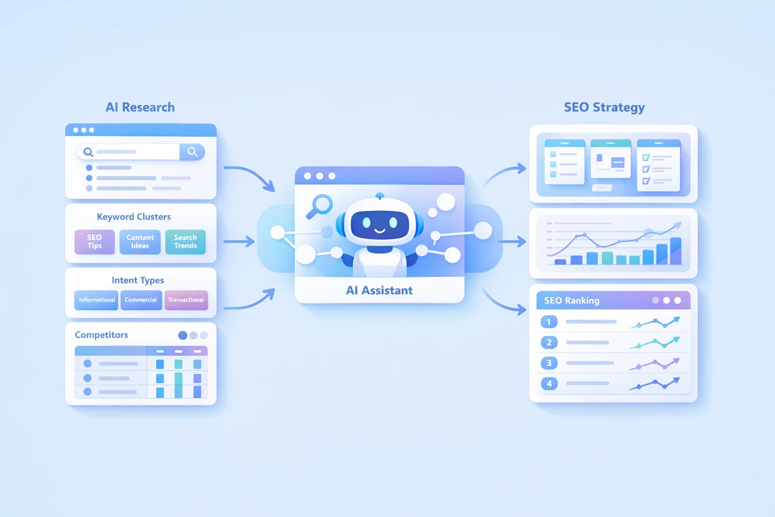 Clean vector illustration of AI keyword research workflow with keyword clusters, intent analysis, and SEO strategy dashboard.