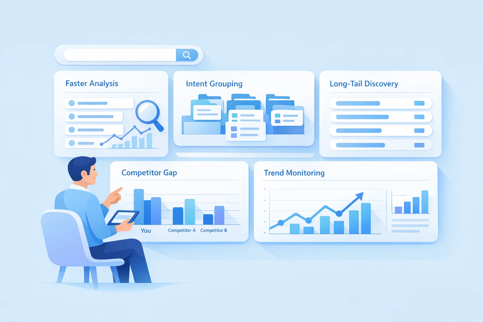 Illustration of AI keyword research benefits including speed, clustering, trends, and competitor insights.