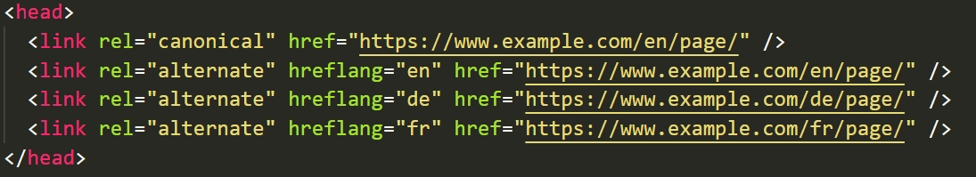 HTML code example showing correctly aligned canonical tag and hreflang annotations for multilingual SEO HTML code example showing correctly aligned canonical tag and hreflang annotations for multilingual SEO