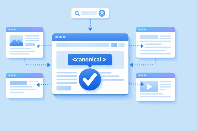Flat vector illustration of website architecture showing multiple duplicate pages pointing to one canonical URL.