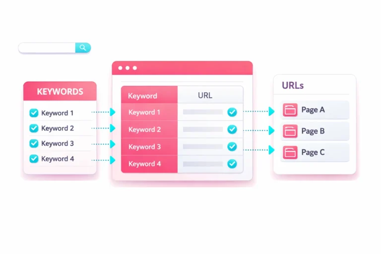 Minimal vector illustration showing keywords mapping to website pages with arrows and template blocks.