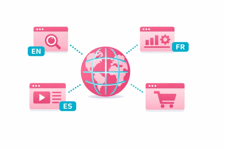 Flat vector illustration of a global network and browser windows showing international SEO and language targeting.