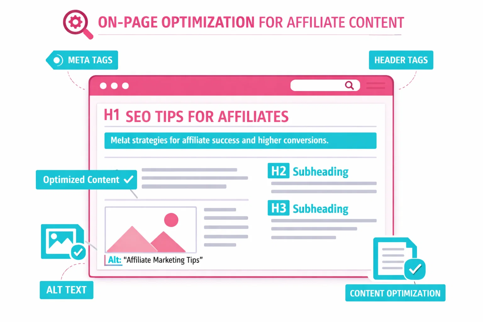 Website interface mockup illustrating on-page SEO elements like headers, meta tags, and optimized content blocks.
