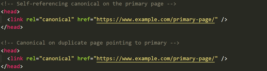 HTML code showing a self-referencing canonical tag on a primary page and a canonical tag on a duplicate page pointing to the primary URL HTML code showing a self-referencing canonical tag on a primary page and a canonical tag on a duplicate page pointing to the primary URL