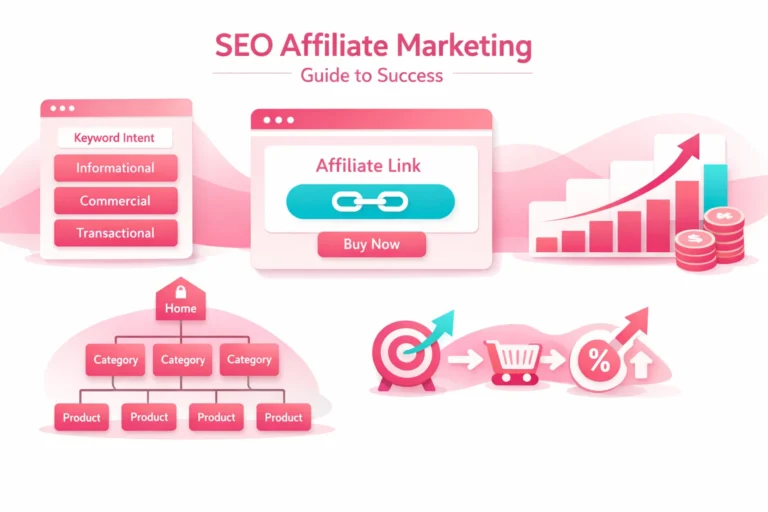 Vector illustration showing website optimization for affiliate marketing success and revenue growth on white background.