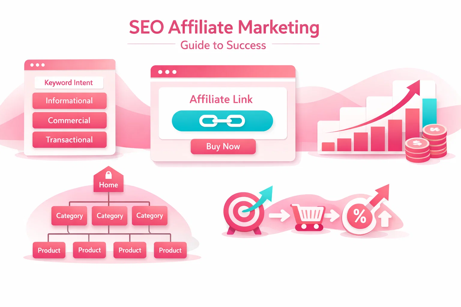 Vector illustration showing website optimization for affiliate marketing success and revenue growth on white background.