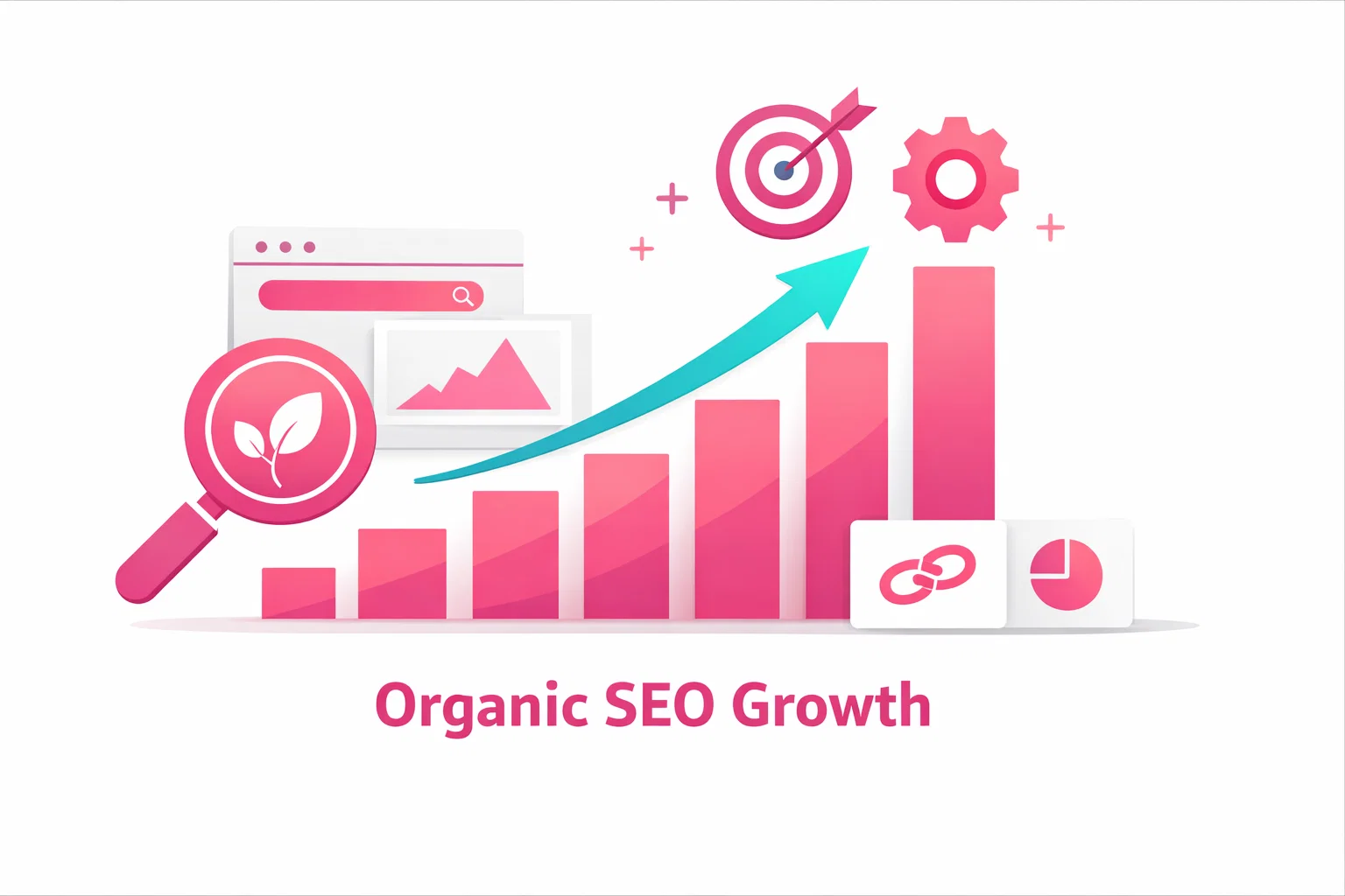 Graphic showing upward growth charts and search icons representing the importance of long-term SEO strategies.