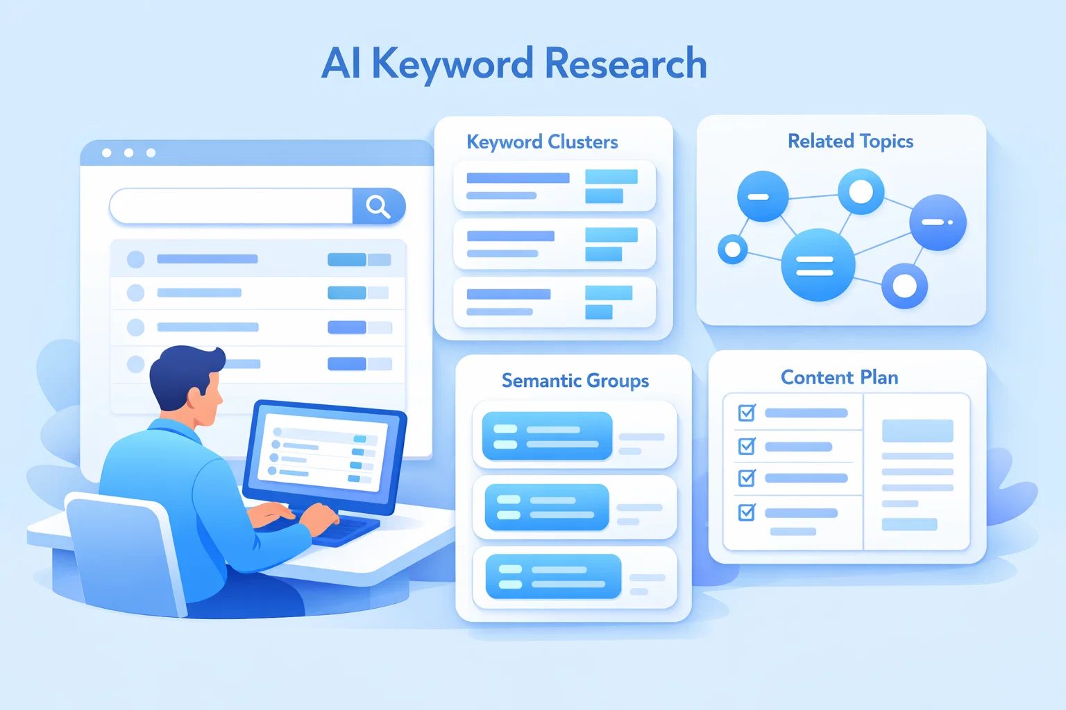 Vector illustration of AI keyword research with keyword clusters and search planning dashboard.