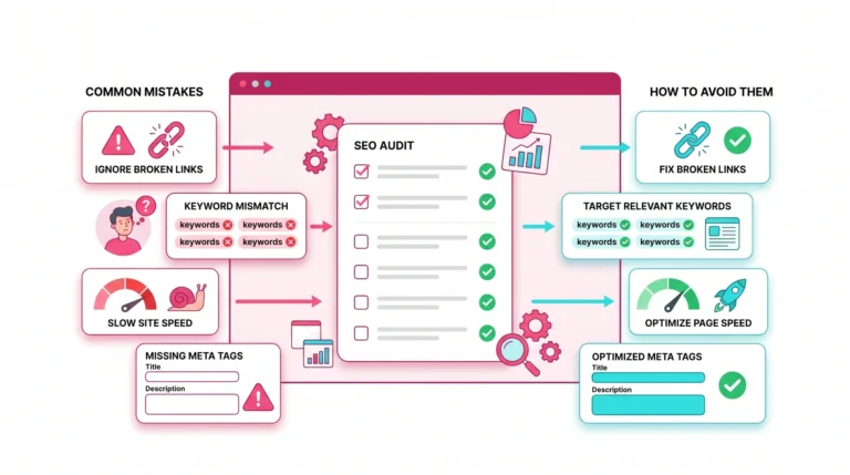 Flat vector SEO audit checklist showing common mistakes, fixes, warnings, and clean optimization workflow.