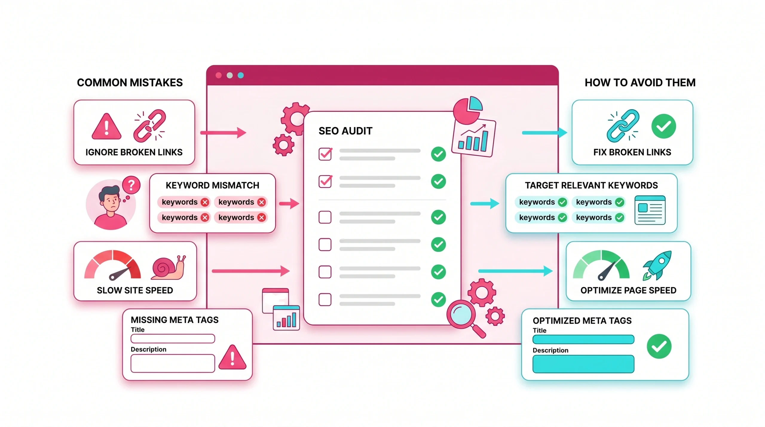 Flat vector SEO audit checklist showing common mistakes, fixes, warnings, and clean optimization workflow.