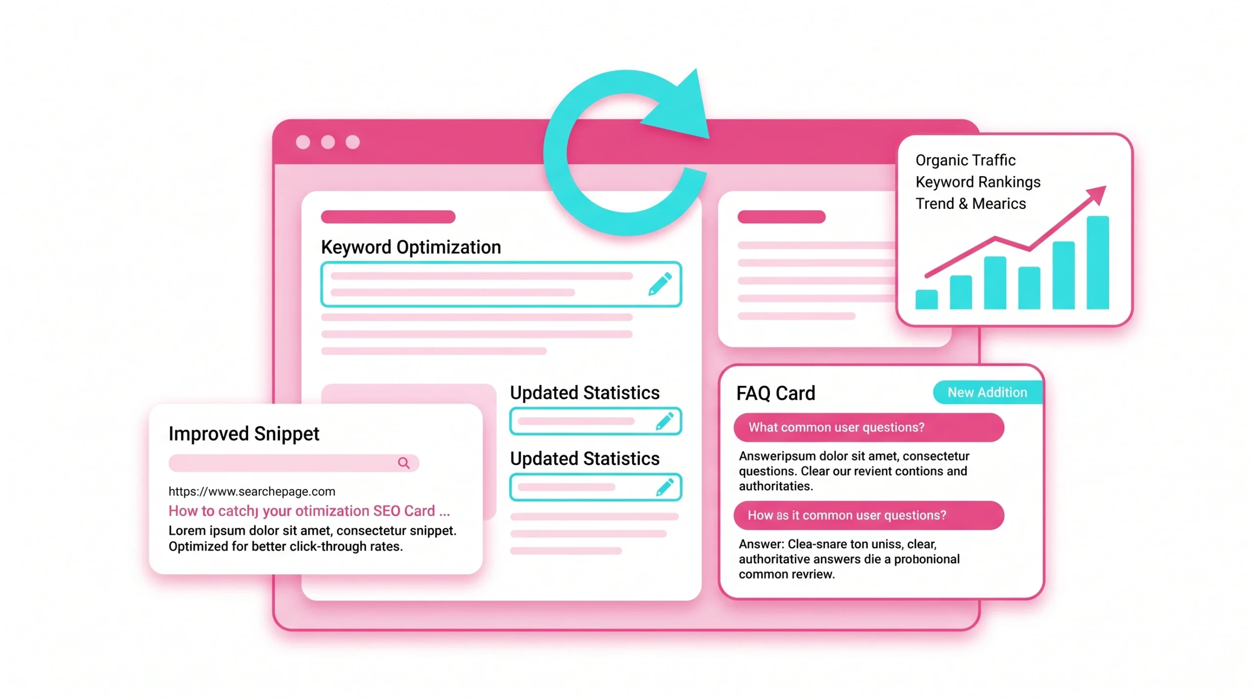 SEO content refresh concept with updated page sections, improved snippet, FAQs, and performance chart. SEO content refresh concept with updated page sections, improved snippet, FAQs, and performance chart.