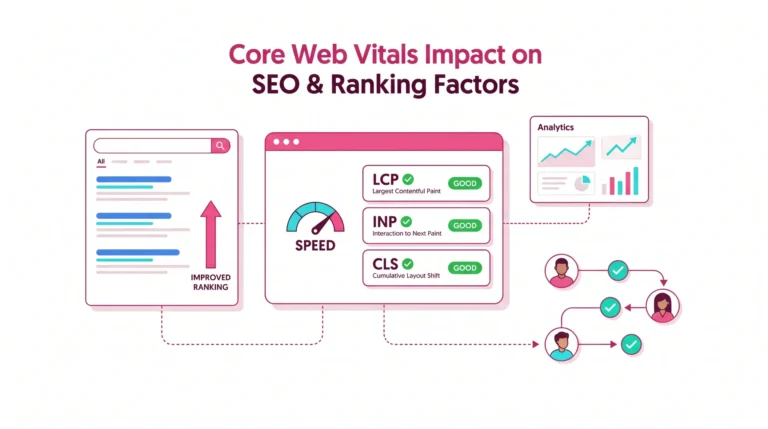 Core Web Vitals impact on SEO ranking factors with performance metrics and search results dashboard.