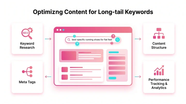 Flat SEO illustration showing content optimisation for long-tail keywords with search, structure, and analytics elements.
