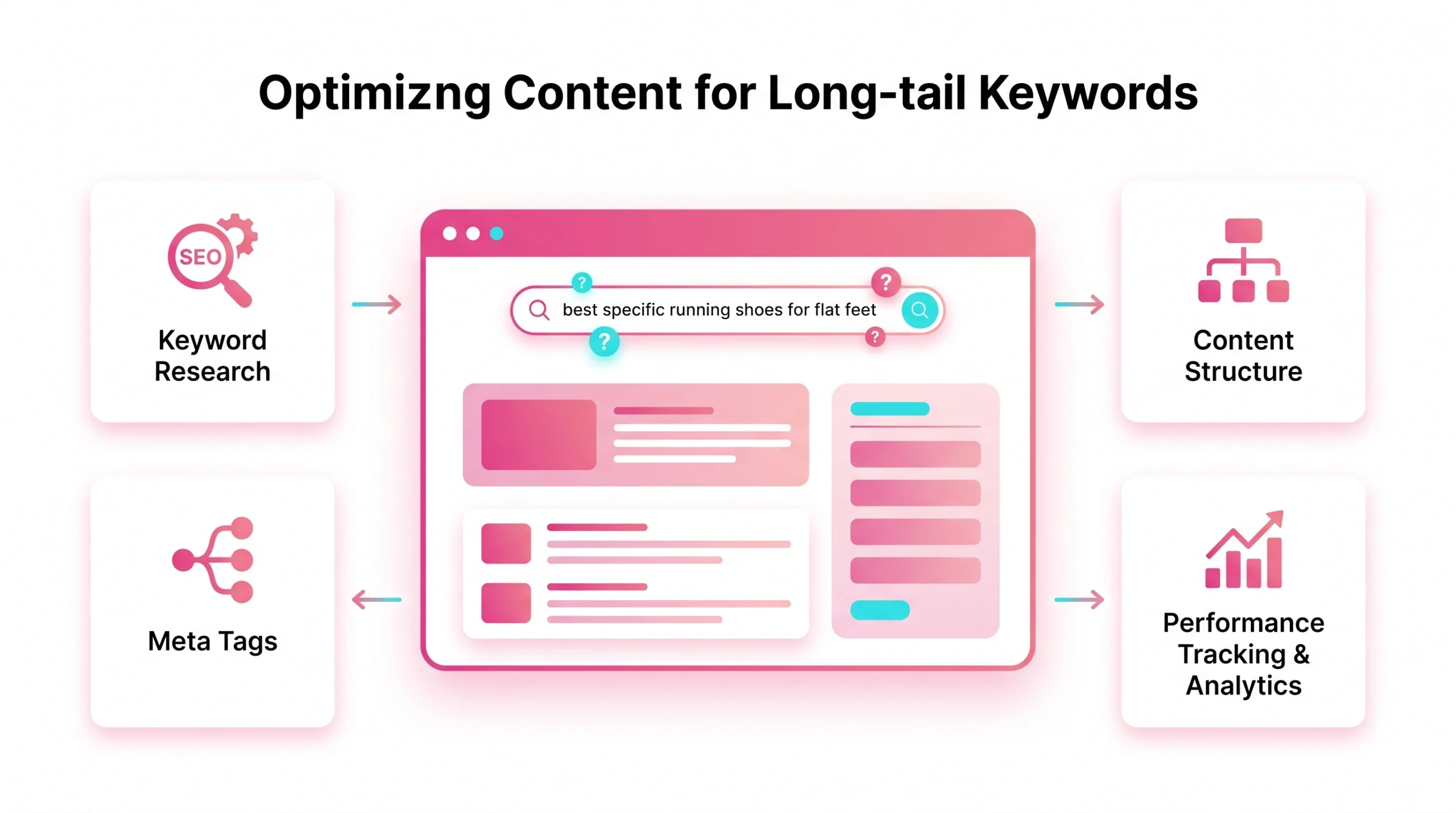 Flat SEO illustration showing content optimisation for long-tail keywords with search, structure, and analytics elements.