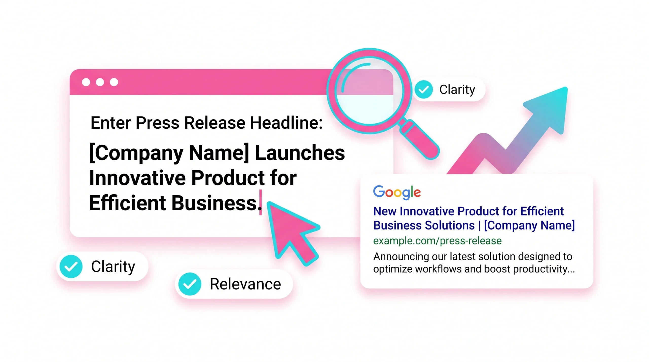 Flat vector of press release headline optimization with search preview, headline editor, and ranking signals. 