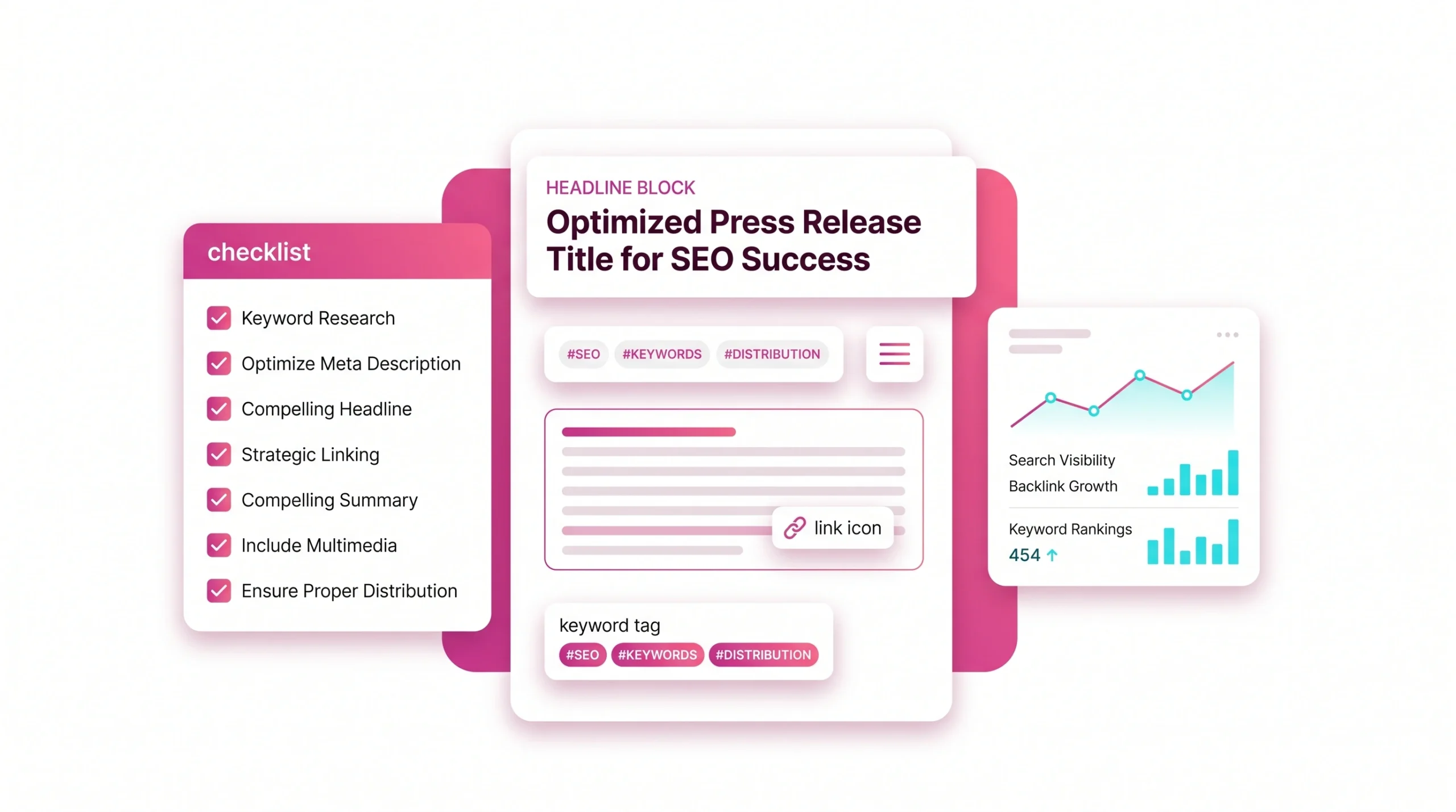 Flat vector illustration of press release SEO best practices with checklist, headline, keyword, and analytics elements. 