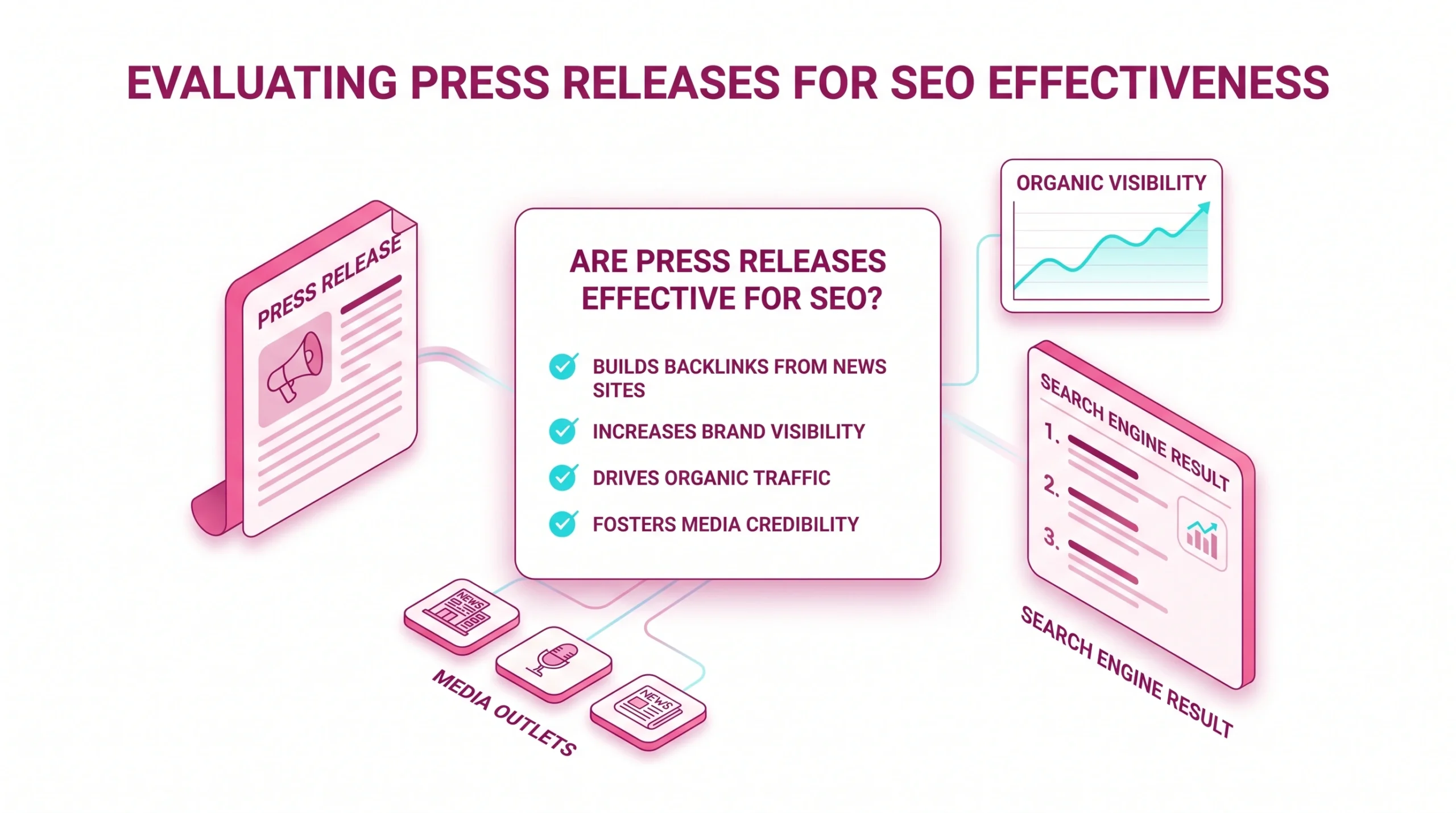Flat vector showing press release SEO effectiveness with search results, visibility chart, and media signals. 