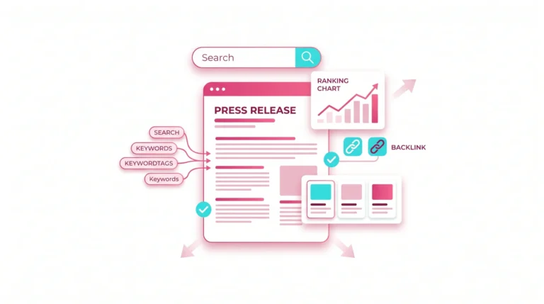 Flat vector illustration of SEO-friendly press release optimisation with search, ranking, and media outreach elements.