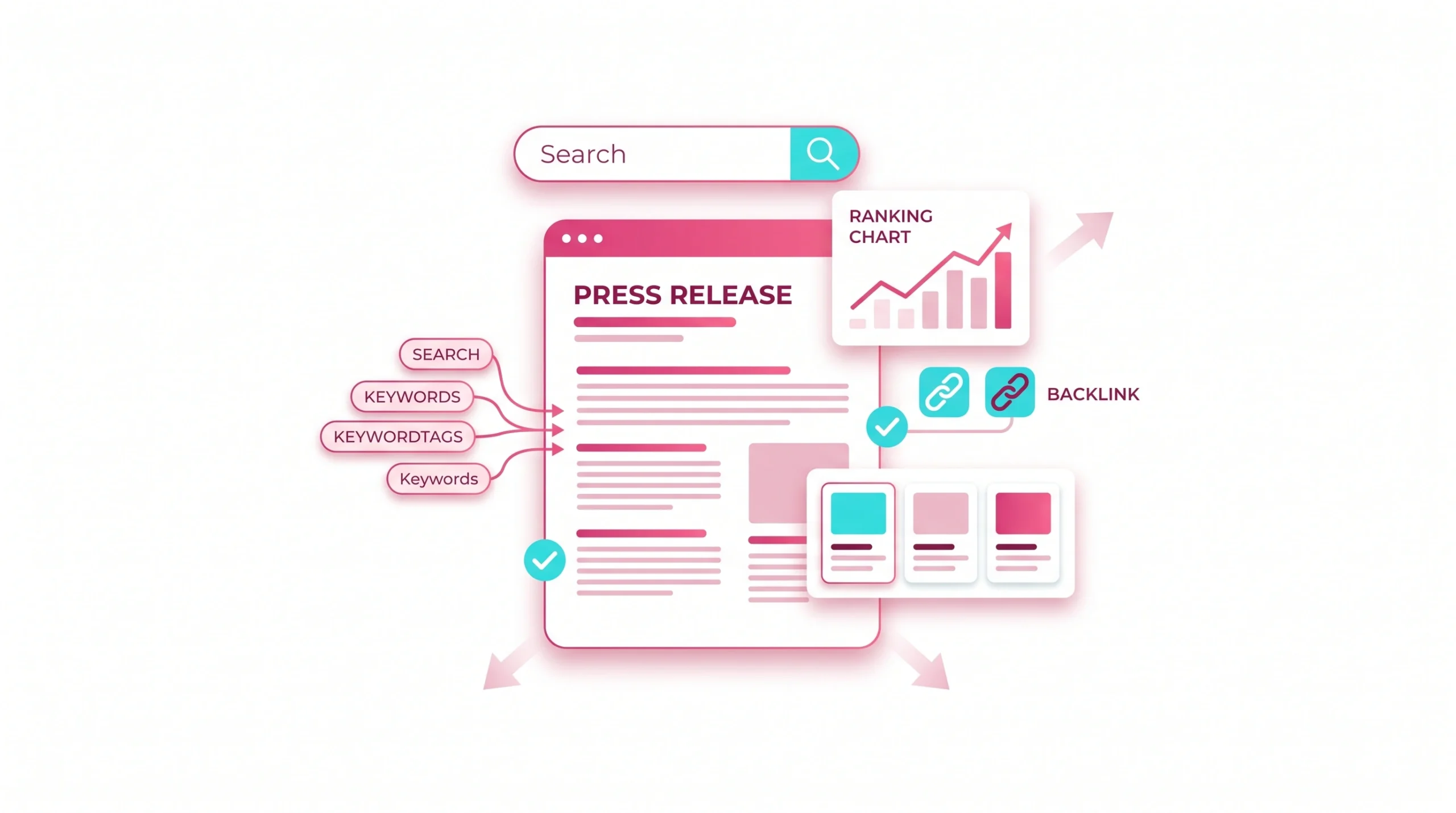 Flat vector illustration of SEO-friendly press release optimisation with search, ranking, and media outreach elements.