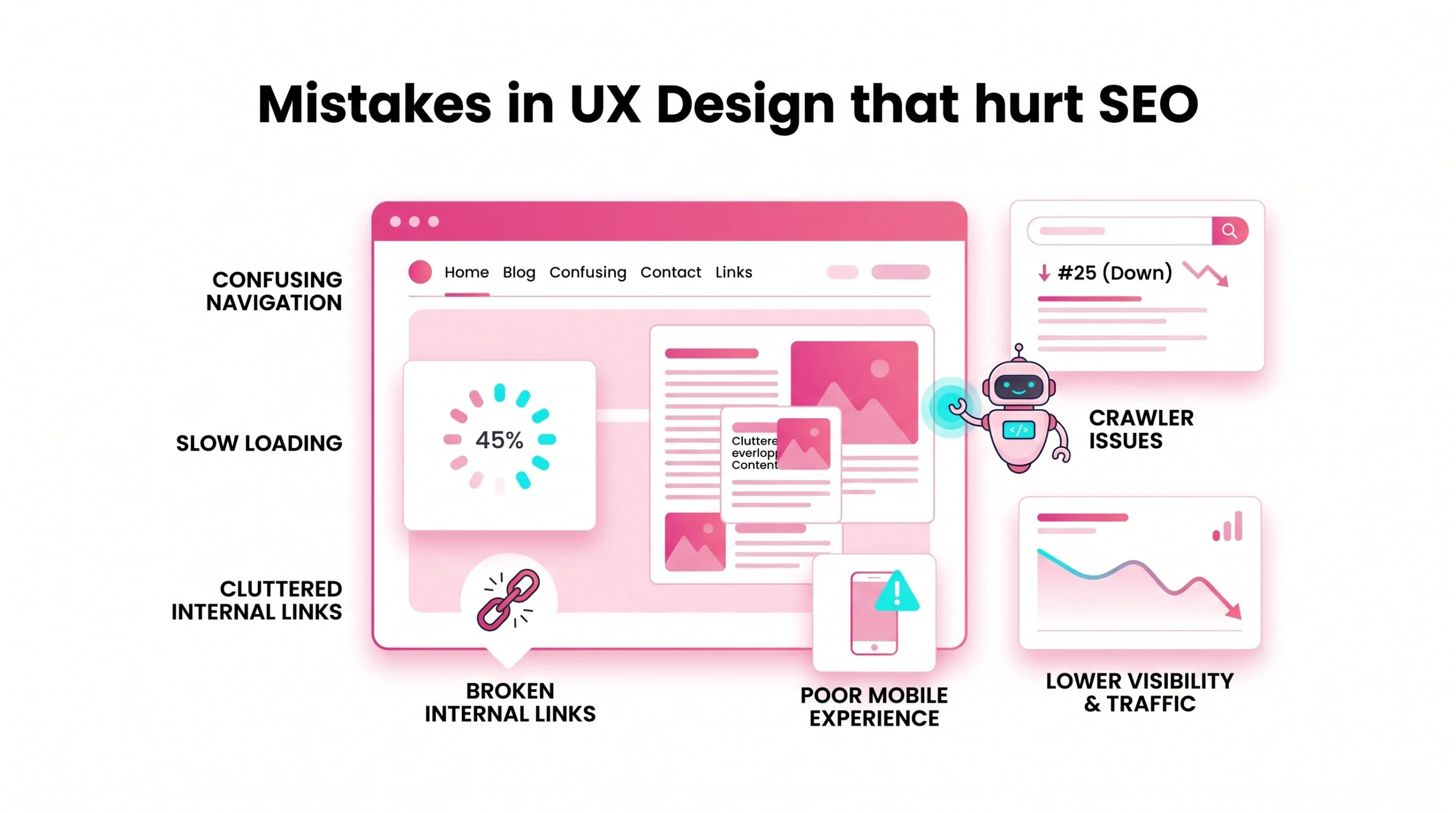 Flat vector illustration of UX design mistakes affecting SEO rankings and website performance.