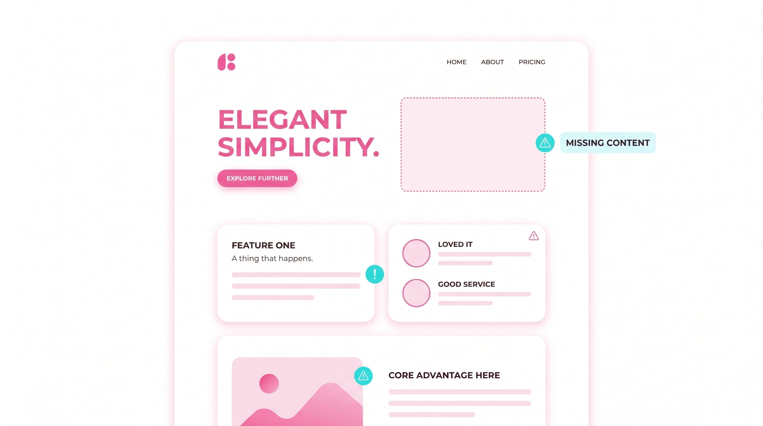 Minimal website design missing key information and clear calls to action. Minimal website design missing key information and clear calls to action.